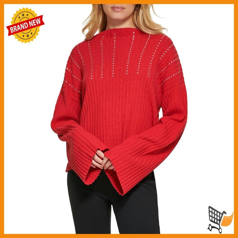 Studded Ribbed Bell Sleeve Cowl Neck Sweater Size Medium